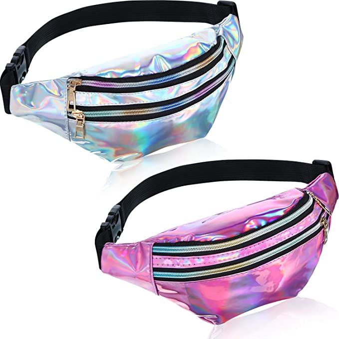 2 Pieces Holographic Fanny Pack Metallic Color Sport Waistbag for Women Men Kids | Amazon (US)