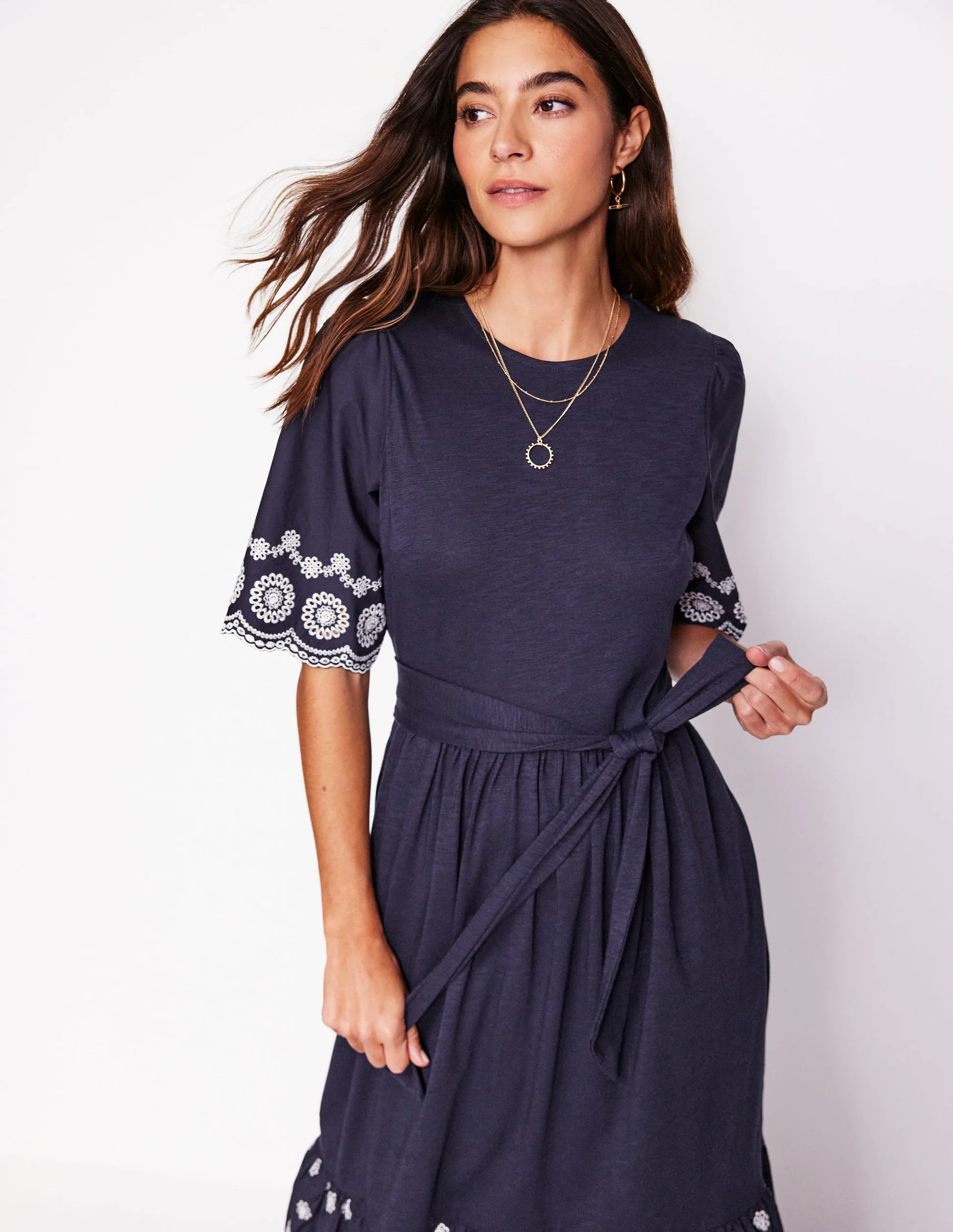 Isabel Broderie Mix maxi Dress-Navy | Boden UK