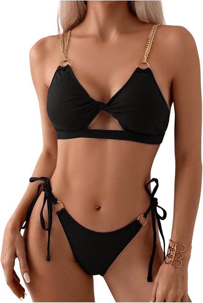 Women's 2 Piece Swimsuit Textured Twist Front Chain Strap Cut Out Bikini Top and Tie Side Bottom Set | Amazon (US)