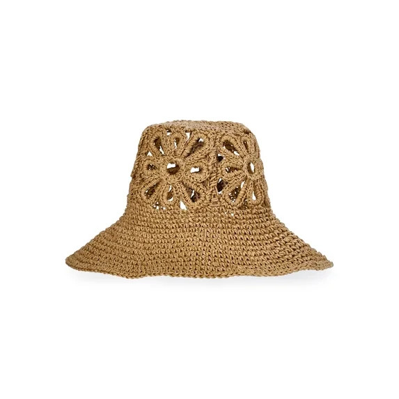 No Boundaries Floral Straw Bucket Hat, Women's, Natural | Walmart (US)