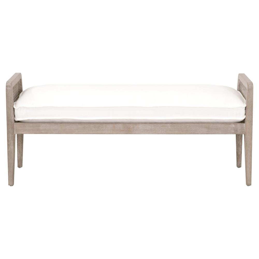 Elias Coastal Beach White Performance Cushion Woven Cane Oak Wood Bedroom Bench | Kathy Kuo Home