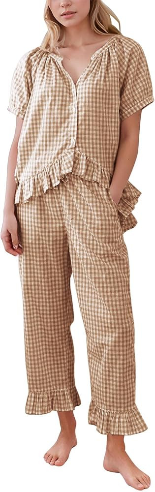 PEHMEA Women's 2 Piece Gingham Pajama Set, Plaid Short Sleeve Babydoll Shirt Ruffle Pants Lounge ... | Amazon (US)