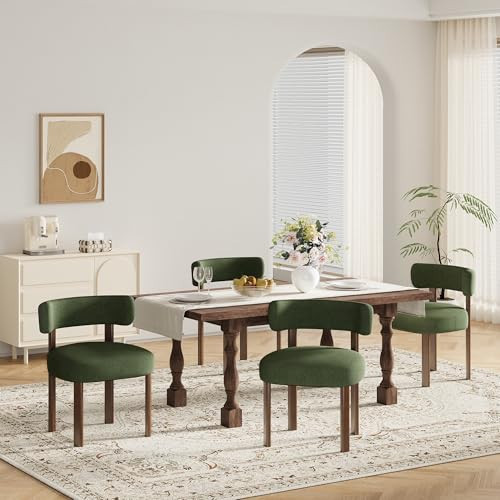smartue Wooden Dining Chairs Set of 4, Upholstered Kitchen Chairs with Solid Wood Legs, Mid Century Dining Room Chair with Ergonomic Curved Backrest for Kitchen Dining Vanity, Green | Amazon (US)
