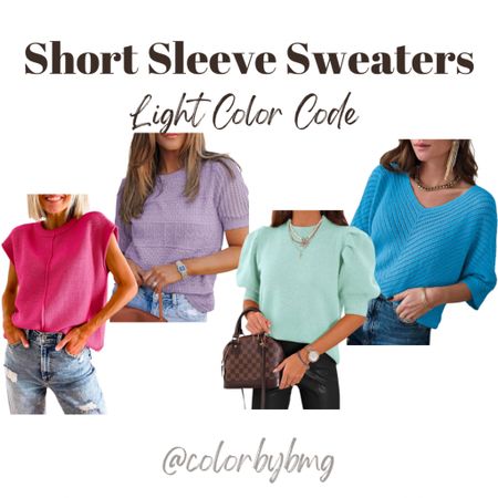 Light Color Code Short Sleeve Sweaters 

Colors to pick:

1. Rose Red
2. A Purple
3. A Mint Green
4. Sky Blue

Light Spring
Light Summer

#LTKSeasonal #LTKSpringSale #LTKfindsunder50