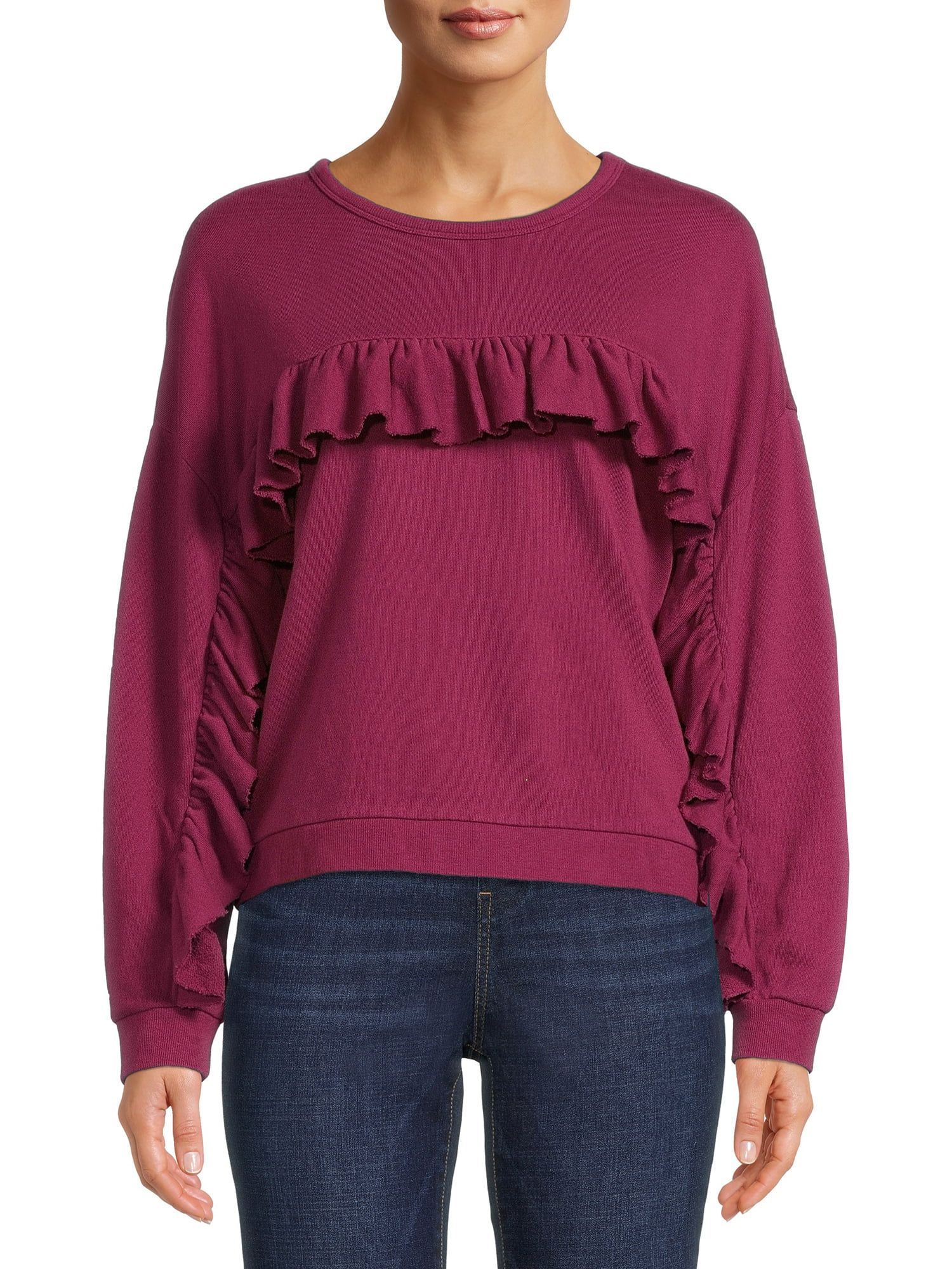 Time and Tru Women's Fashion Ruffle Sweatshirt - Walmart.com | Walmart (US)