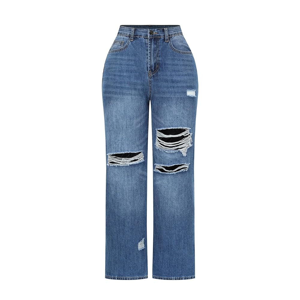 THUNDER STAR Womens High Waisted Wide Leg Jeans Stretchy Distressed Denim Pants | Amazon (US)