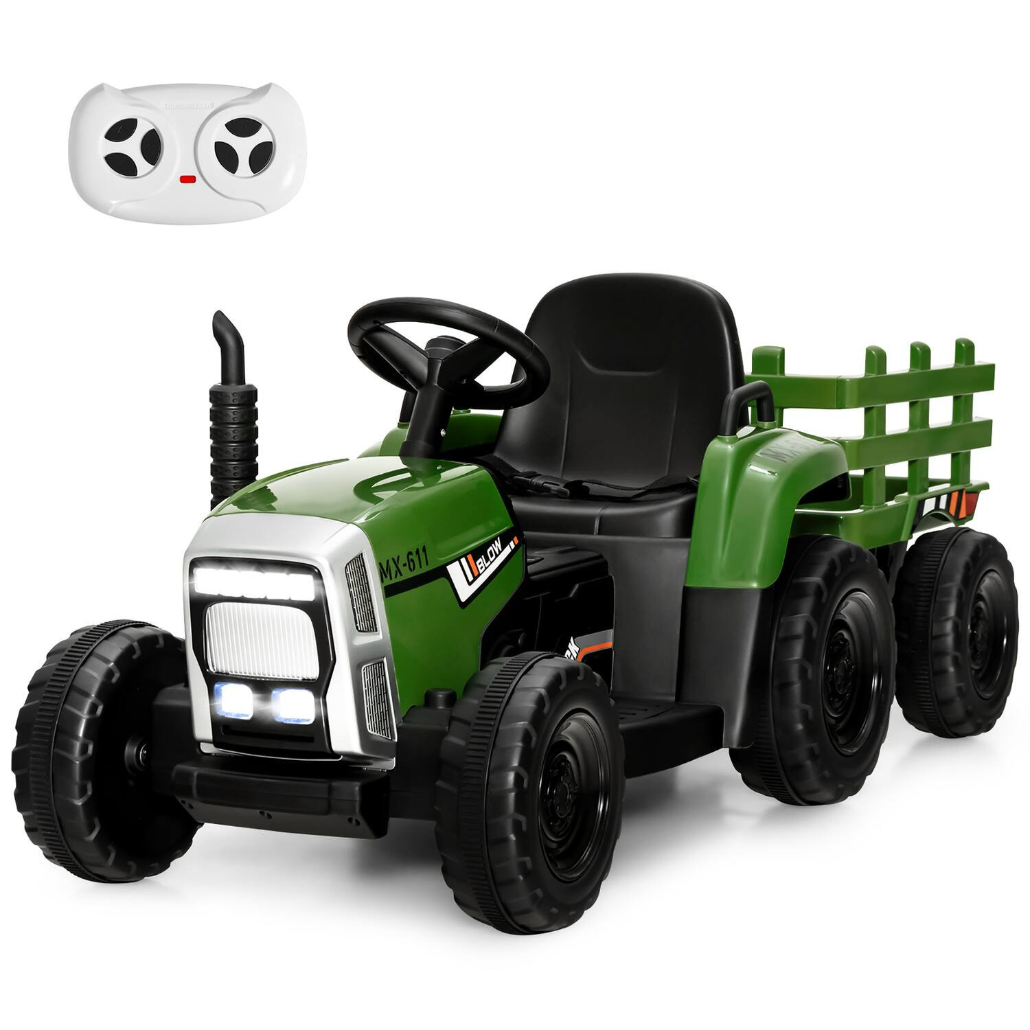 Costway - 12V Kids Ride On Tractor with Trailer Ground Loader w/ RC & Lights - Dark Green | Best Buy U.S.
