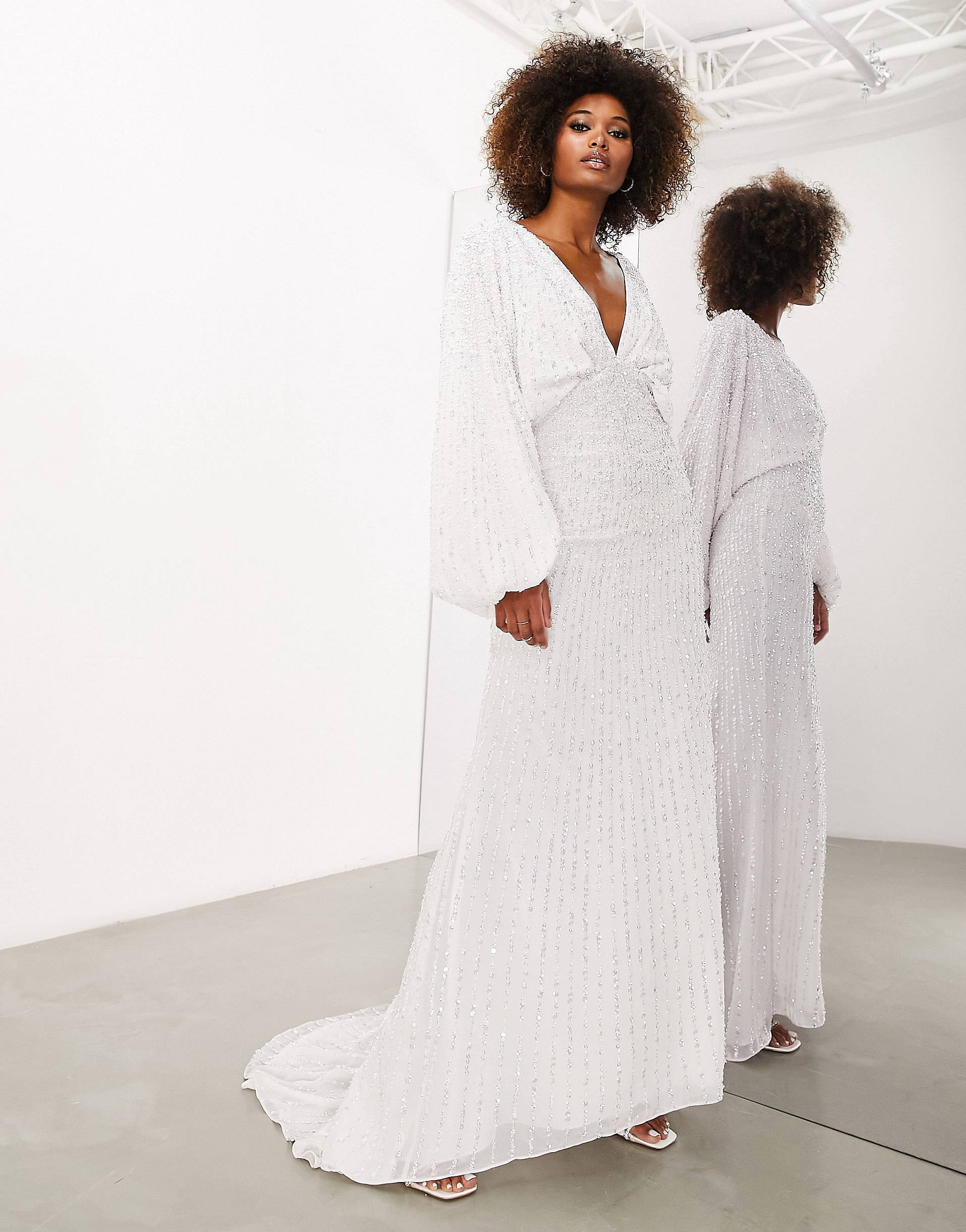ASOS EDITION Lennox sequin blouson sleeve wedding dress with train in ivory | ASOS (Global)