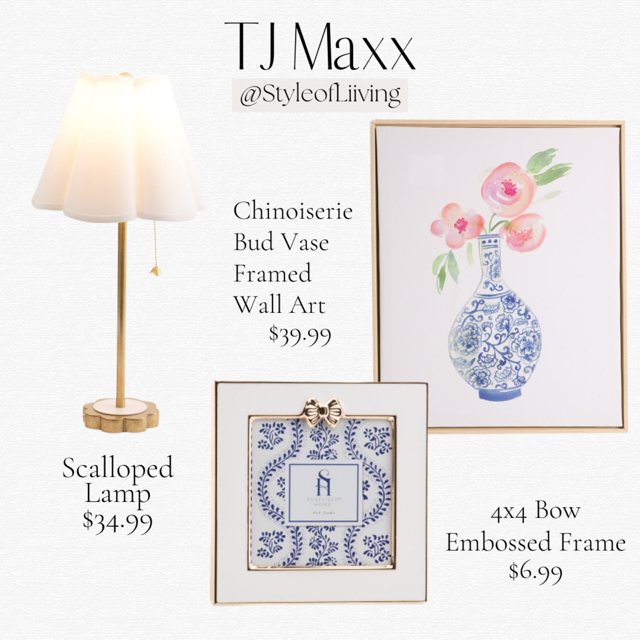 New at TJ Maxx! Scalloped table lamp, 4X4 inch square bow picture frame, chinoiserie bud vase framed wall art. #homedecor

#LTKFindsUnder50 #LTKStyleTip #LTKHome