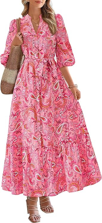 MASCOMODA Womens Floral Boho Maxi Dresses Summer Casual V Neck 3/4 Puff Sleeve Button Long Flowy ... | Amazon (US)