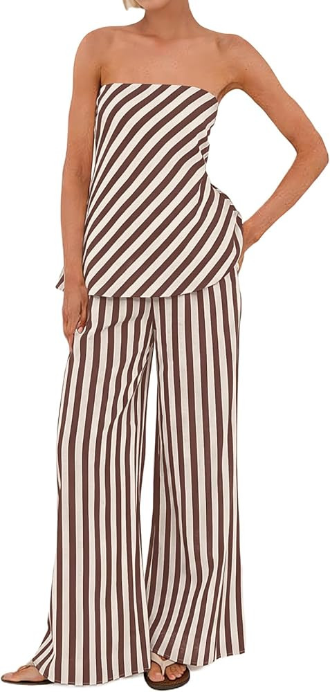 calbatic Women Polka Dot 2 Piece Outfits Spot Strapless Tube Top High Waist Wide Leg Pants Casual... | Amazon (US)