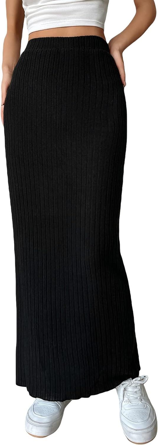 GORGLITTER Women's Rib Knit Lettuce Trim Straight Maxi Skirt Solid High Waist Long Skirt | Amazon (US)