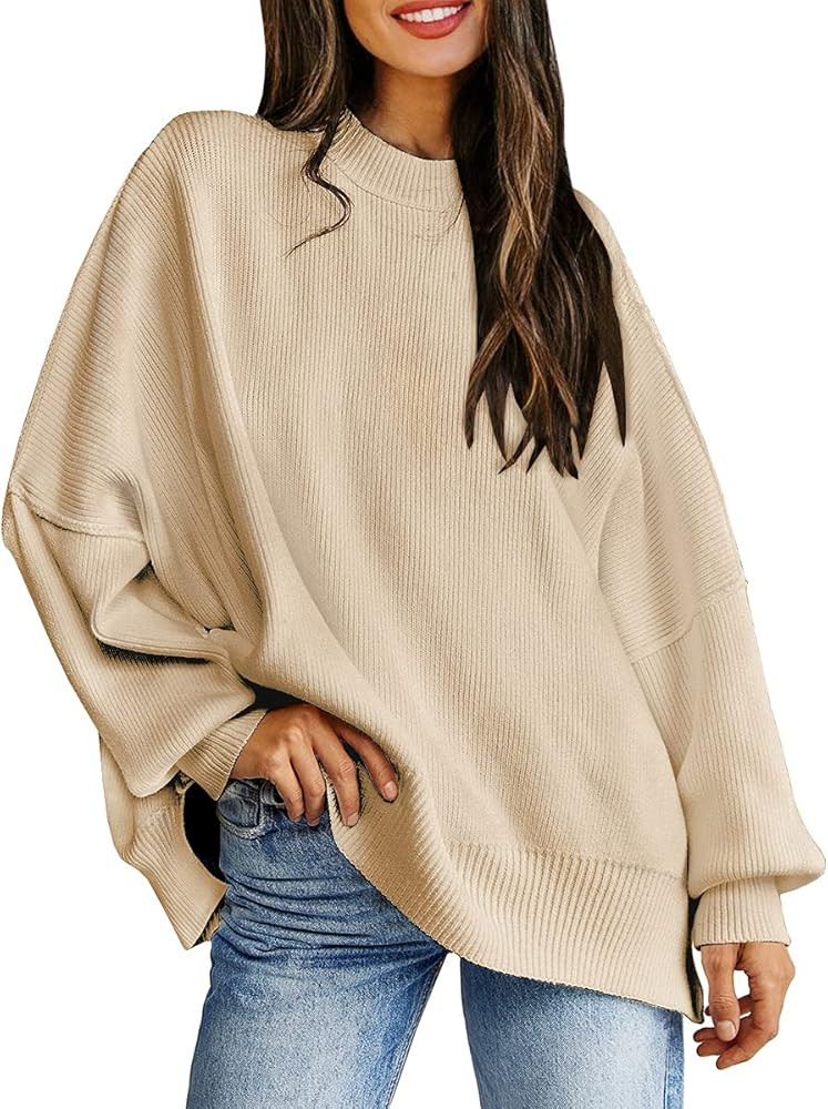 AUTOMET Women Crewneck Batwing Sleeve Oversized Side Slit Ribbed Knit Pullover 2021 Fall Sweater ... | Amazon (US)