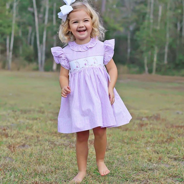 Bunny Silhouette Smocked Ruffle Collared Dress Lavender Check | Classic Whimsy