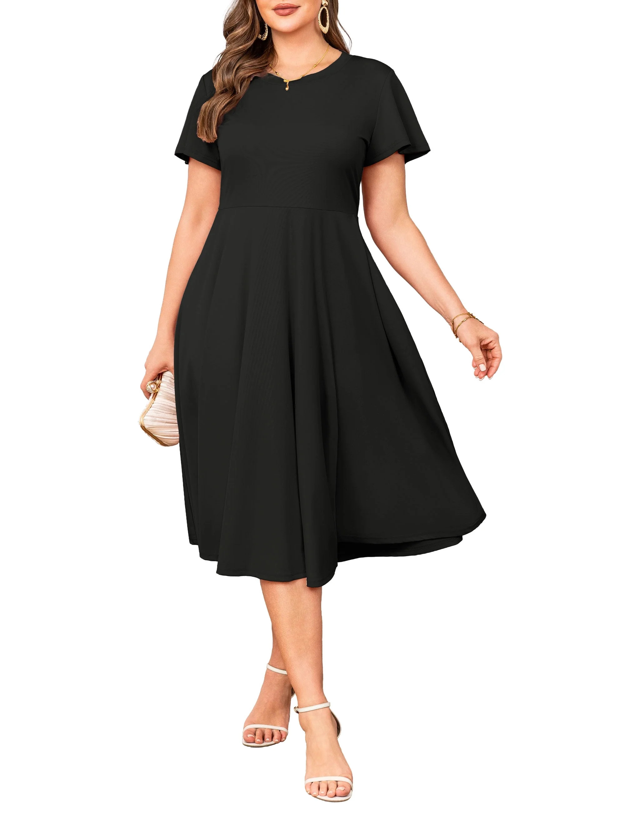 a.Jesdani Womens Plus Size Dresses Flutter Sleeve A-Line Midi Dress Wedding Guest Dress Black 3X | Walmart (US)