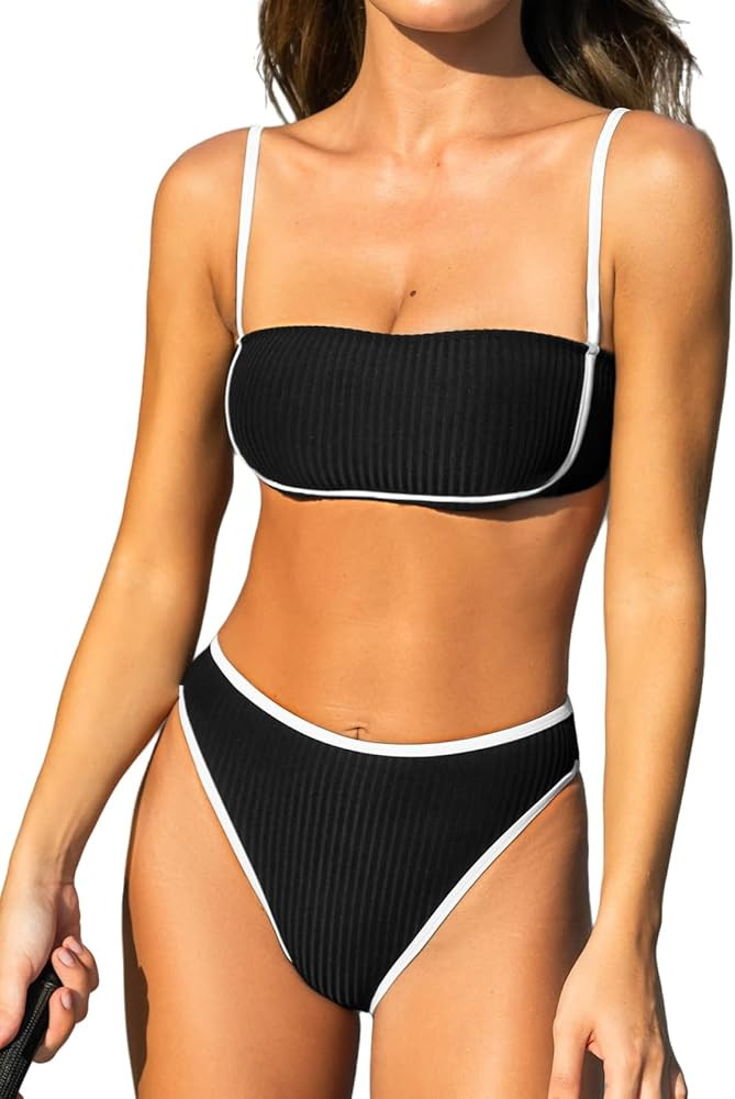 CUPSHE Women's Bikini Sets Two Piece Swimsuit High Waisted Square Neck Back Hook Color Block Chee... | Amazon (US)