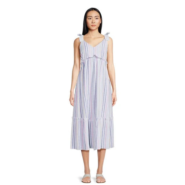 Time and Tru Women's V-Neck Tie Strap Midi Dress | Walmart (US)