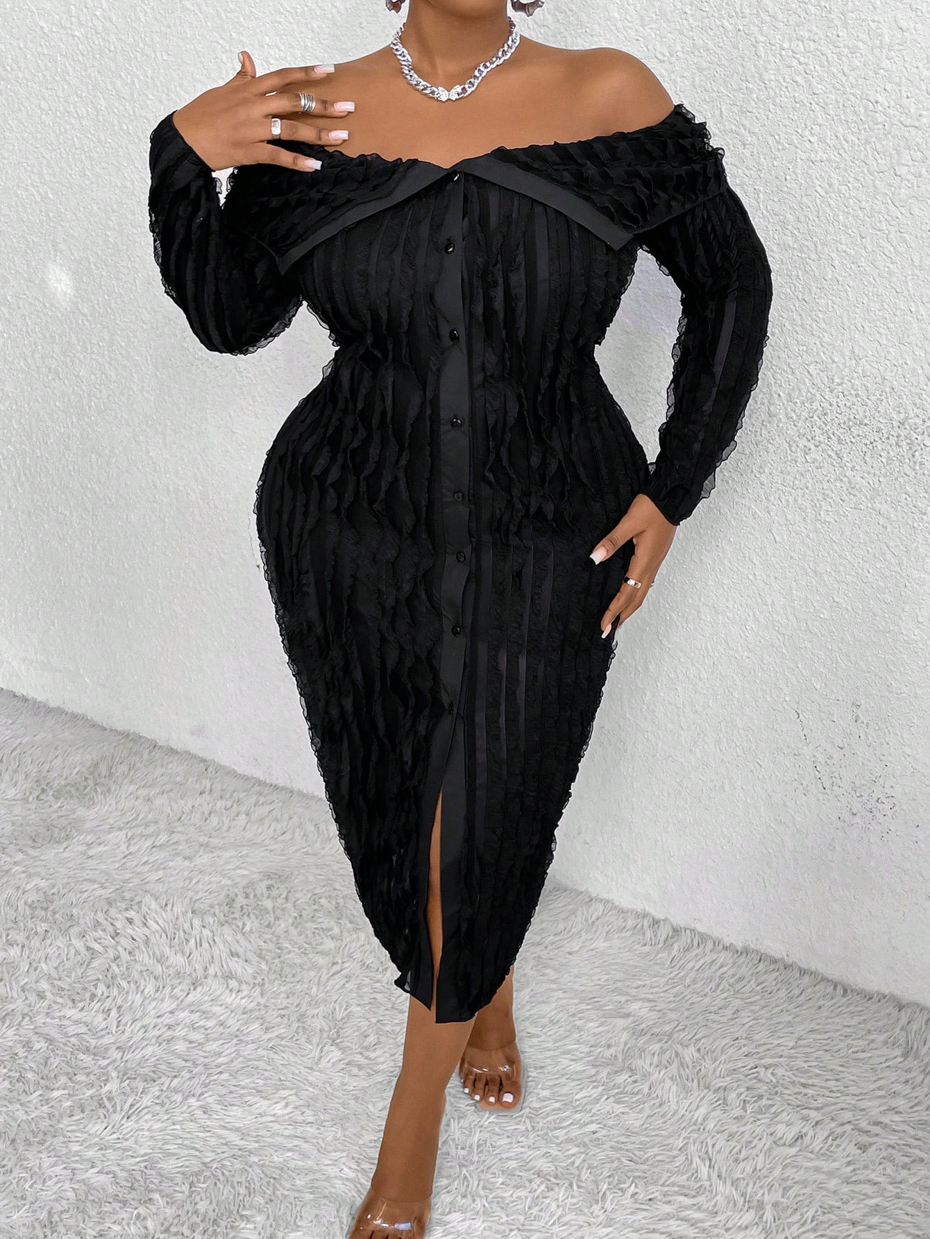 SHEIN ICON Plus Size Off-Shoulder Long Sleeve Foldover Bodycon Dress | SHEIN