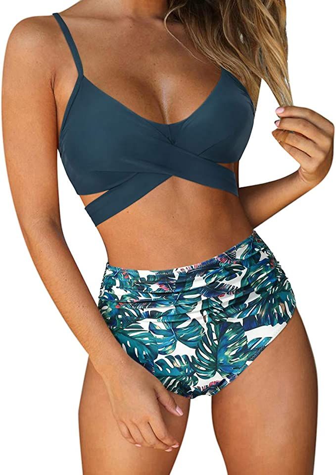 RUUHEE Women Criss Cross High Waisted String Floral Printed 2 Piece Bathing Suits | Amazon (US)