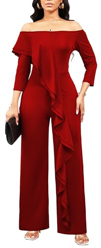 sexycherry Jumpsuits for Women Clubwear Formal 3/4 Sleeve Soild Color Wide Leg Long Pants One Piece Red Rompers with Zipper for Club Night | Amazon (US)