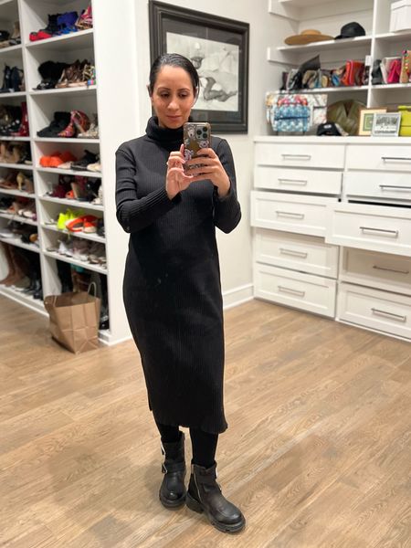 #Dress. Wearing a midi length black dress with fleece lined tights & boots. This is a great outfit for the chiller spring evenings. 

#sustainainablefashion #springoutfits #boots #springlook #datenight 

#LTKstyletip #LTKover40 #LTKshoecrush