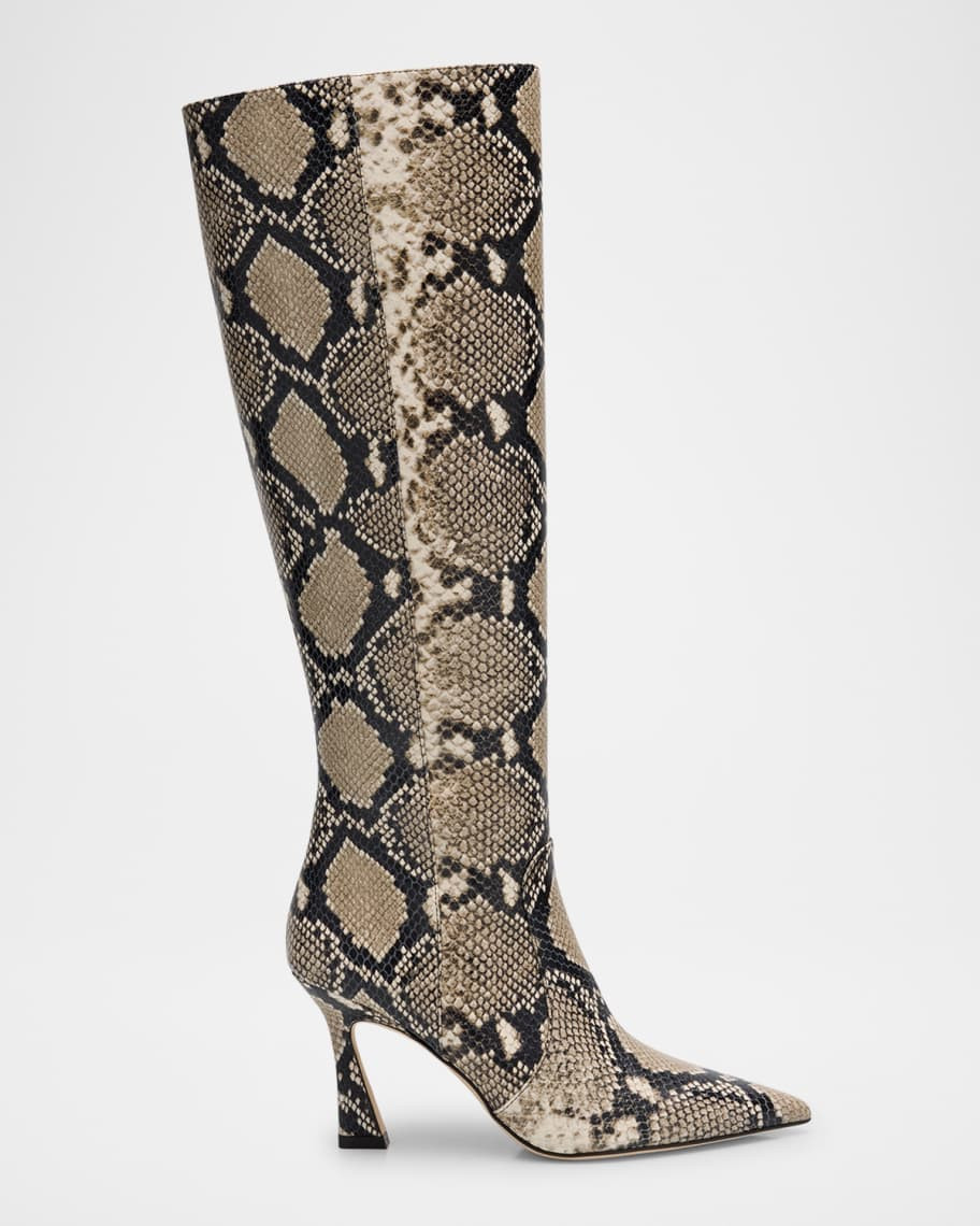 85mm Vinnie Snake-Printed Leather Knee-High Boots | Neiman Marcus