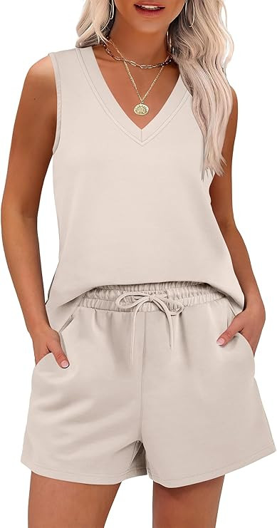 ANRABESS Two Piece Sets for Women 2026 Summer Outfits Short Matching Lounge Set Casual V Neck Bea... | Amazon (US)