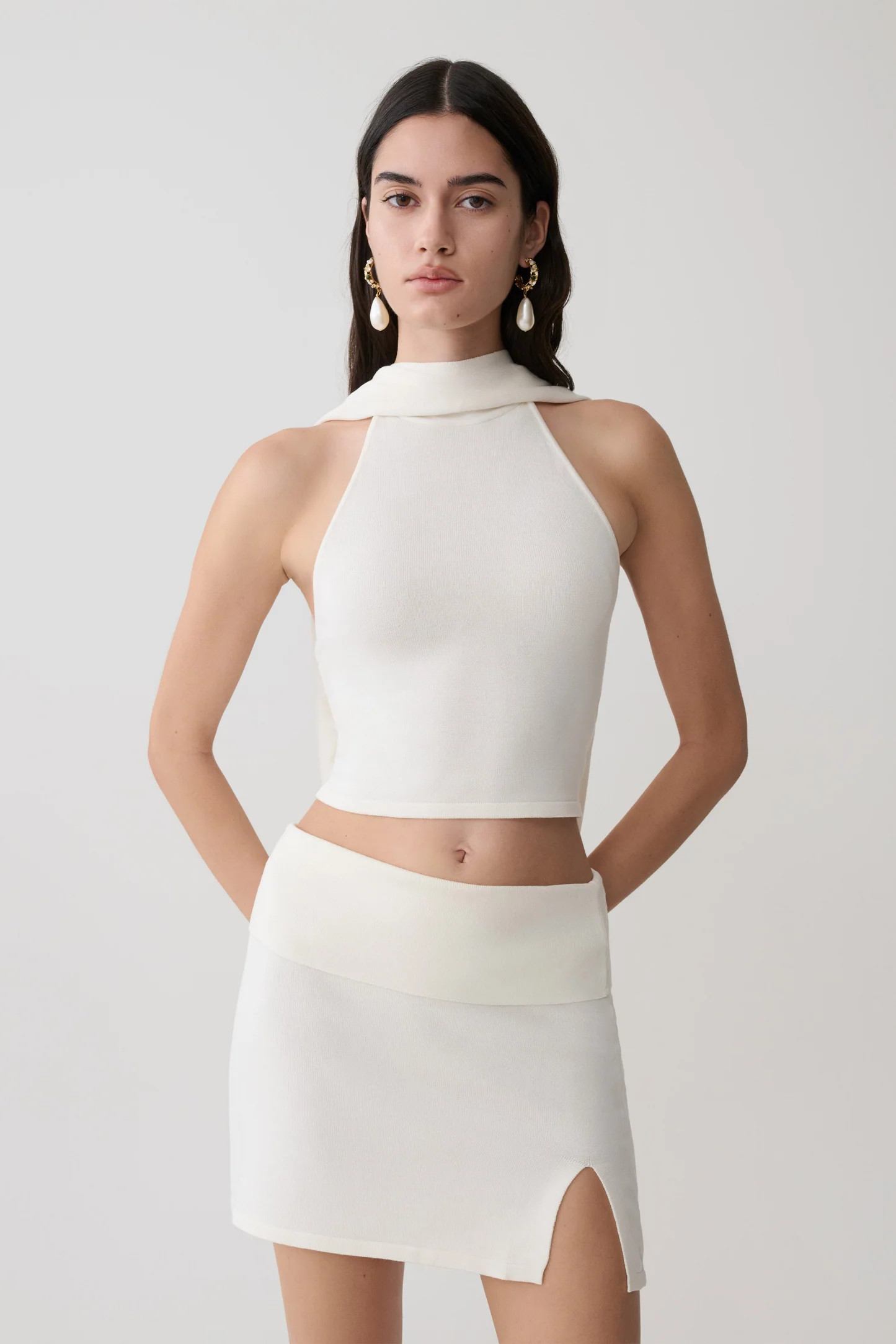 Misty Halter Backless Knit Top - Ivory | MESHKI US