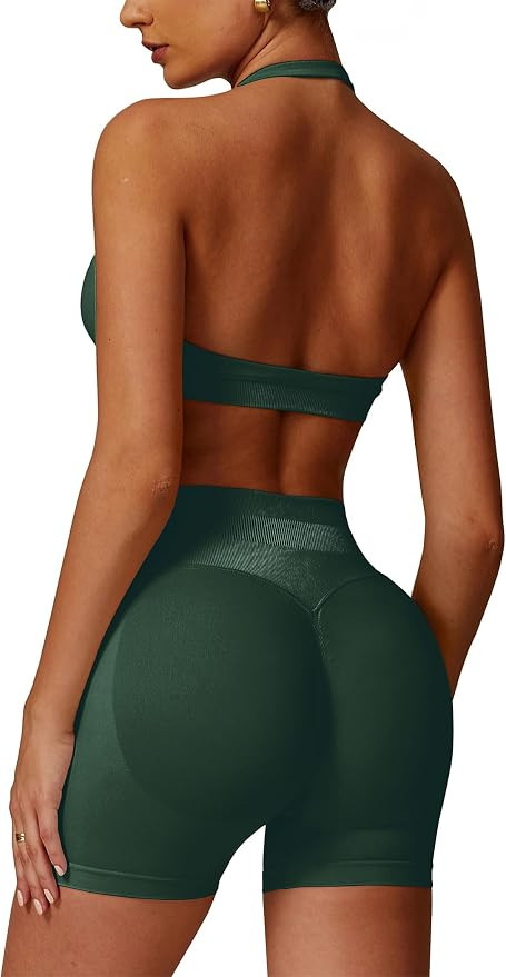 ABOCIW Workout Sets for Women 2 Piece seamless Halter Sports Bra Scrunch Butt Impact Shorts Gym Y... | Amazon (US)