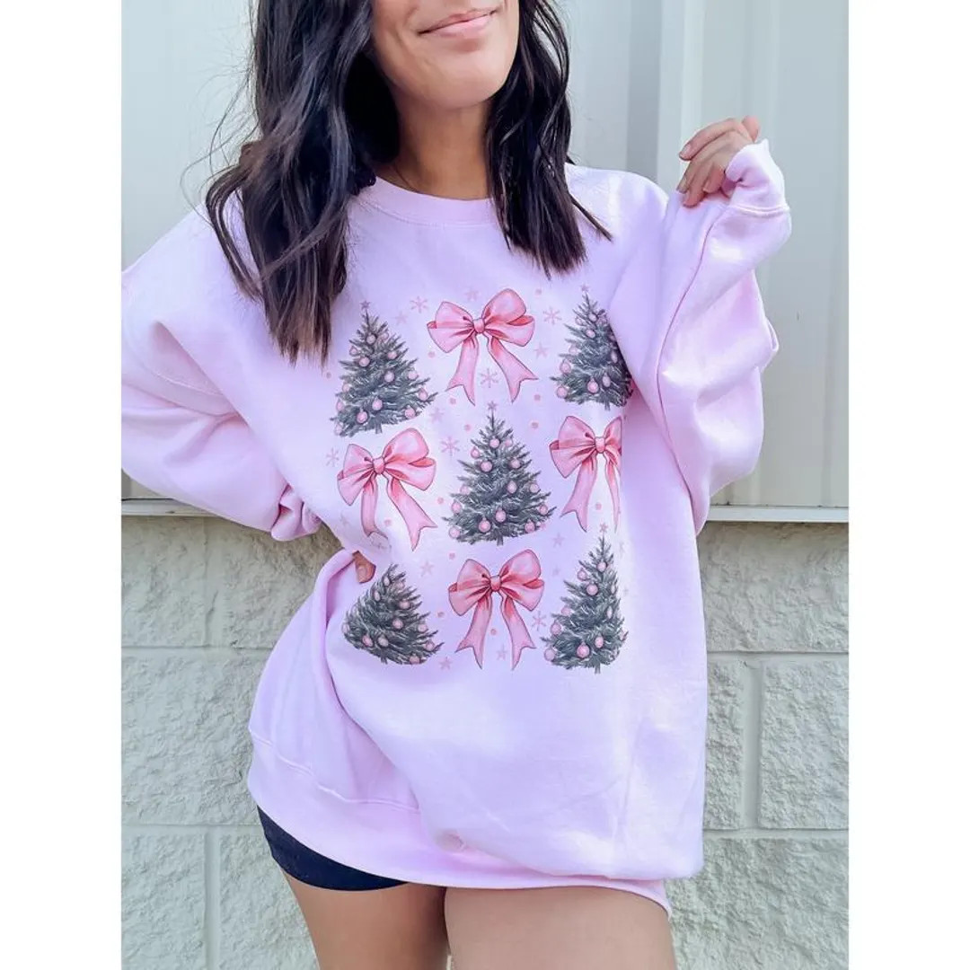 Vintage Christmas Bows and Trees Graphic Shirt, Festive Bow Tree Gifts Hoodie, Retro Holiday Swea... | Etsy (US)