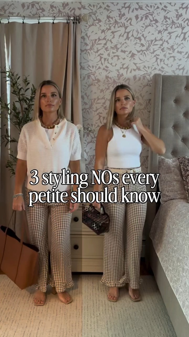 Comment SHOP for a 🔗 to everything! 🤍 🤎 

* 1 and 3 are related, because there is no waist definition, the body cuts at the widest part. 

#petitestyle #petitetips #petitehacks #styletips #stylehacks styling styleinspo ootd outfitinspo summertime gingham pants petitepants elastic waist postpartum accessories trendy viral workwear officeoutfit