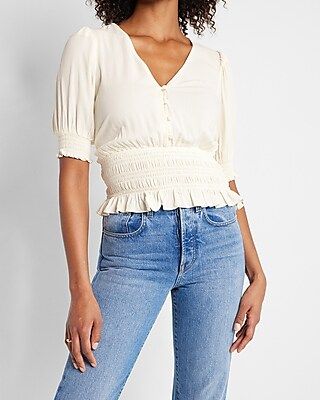 V-Neck Button Front Smocked Waist Top | Express