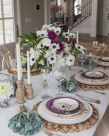 Sharing another view of my purple and white anemone tablescape & to complement the color scheme, I chose tableware and linens that showcase the chosen colors. I love to layer my plates on top of a charger and placemat! Sharing sources or similar!

#LTKSeasonal #LTKhome #LTKfamily