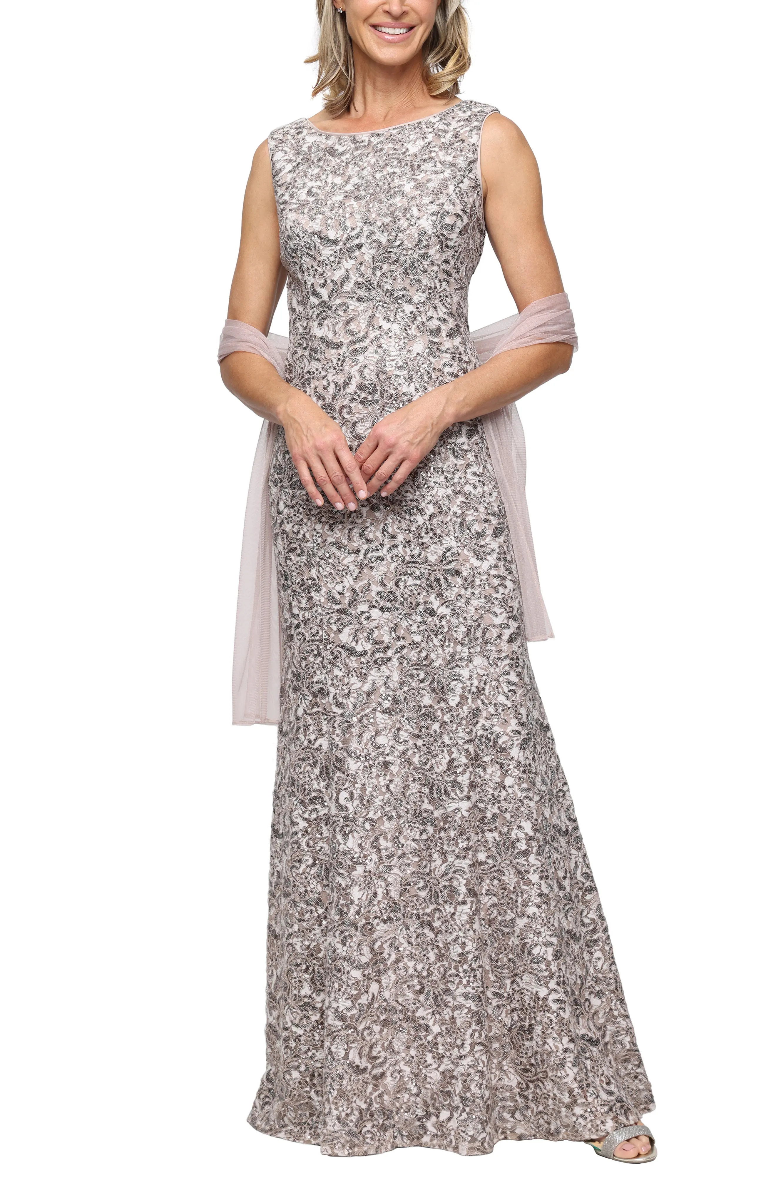 Alex Evenings Beaded Floral Gown with Shawl in Mink/Silver at Nordstrom, Size 18 | Nordstrom