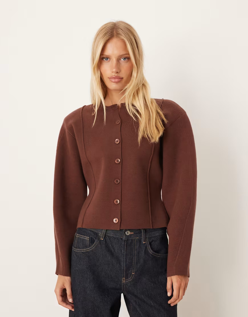 ASOS DESIGN structured shoulder pad waisted crew neck cardigan in mocha-Brown | ASOS (Global)