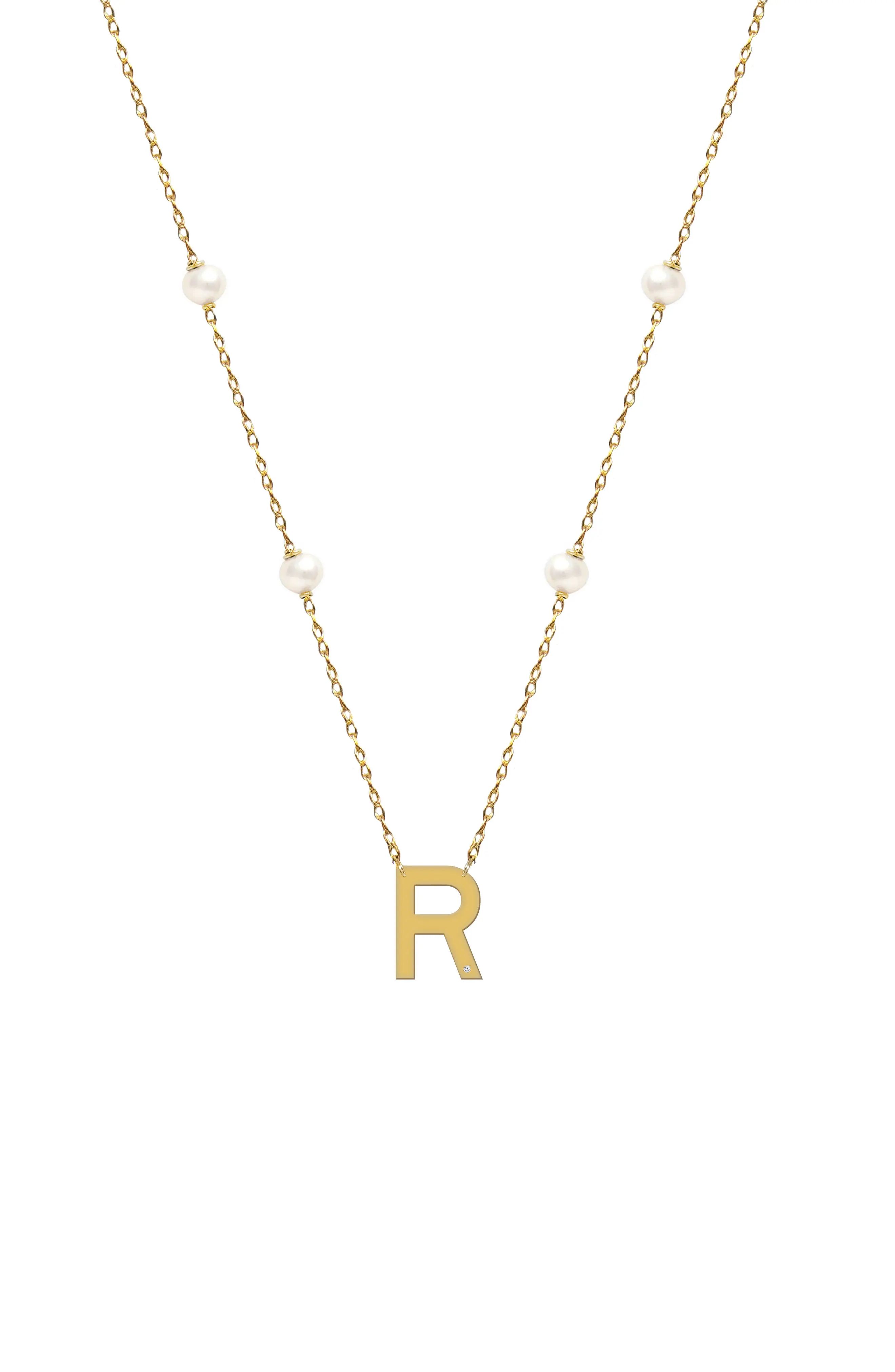 Jane Basch Designs Pearl Station Initial Pendant Necklace in Gold-R at Nordstrom | Nordstrom