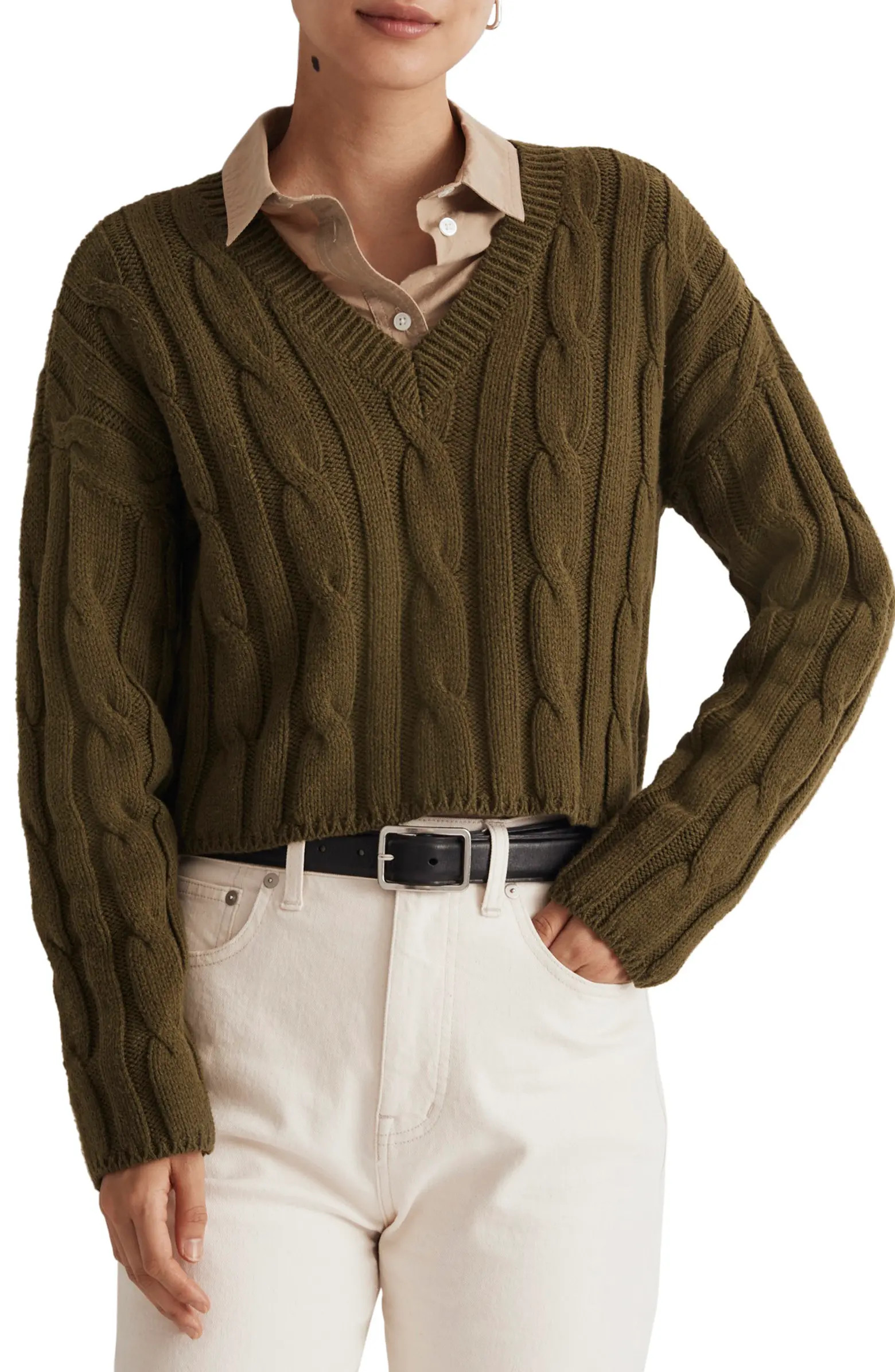 Cable Knit V-Neck Crop Sweater | Nordstrom