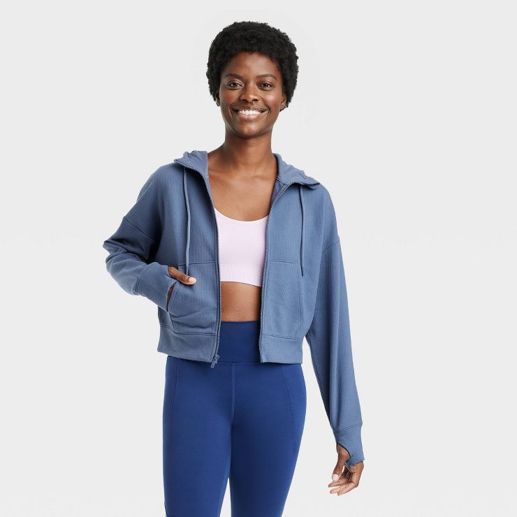 Women's Ribbed Fleece Cropped Hooded Sweatshirt - All in Motion™ | Target