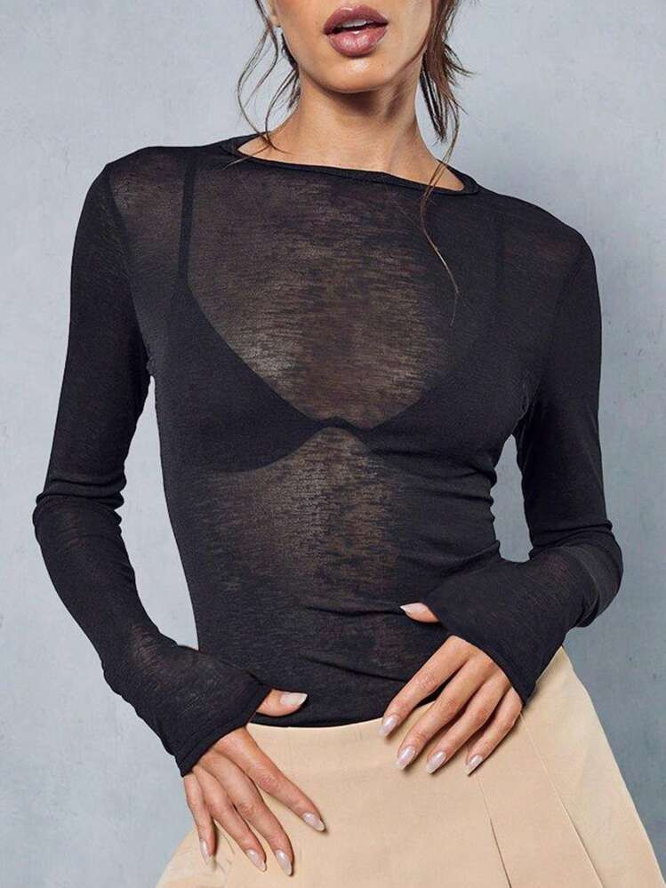 Camiseta Ajustada De Manga Larga, Cuello Redondo Y Elástica Transparente, Estilo Casual Y2K | SHEIN