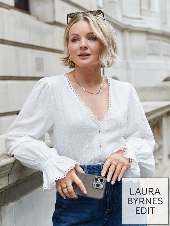 X Laura Byrnes Seersucker Button Through Blouse - White | Very (UK)