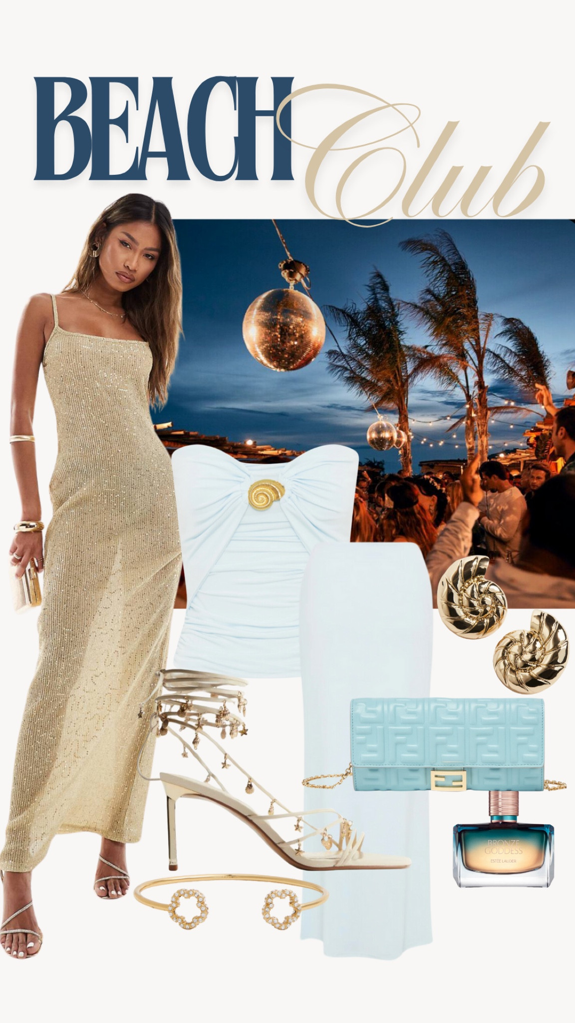 Beach club lookbook, sequin maxi dress, slip dress, gold dress,  summer dress, blue co ord set, maxi skirt and matching bandeu with seashell detail, fendi chain bag, charm sandals, gold jewellery and sea shell earrings.
Euro summer, Mykonos outfit, Ibiza outfit, vacation outfit, beach club outfit, party outfits.

#LTKstyletip #LTKpartywear #LTKsummer