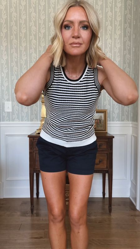 Small in $20 sweater tank 
Perfect shorts on sale for $12 side 4 and true to size 
