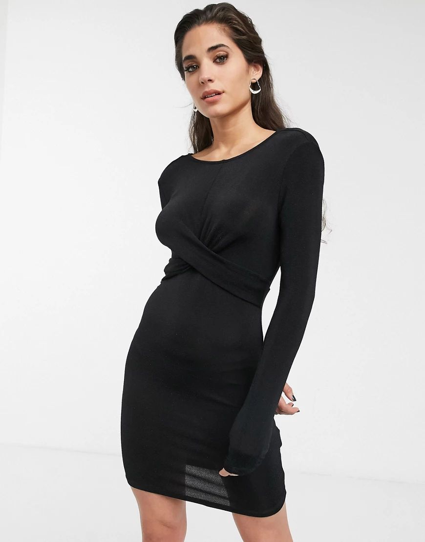 Only long sleeve glitter bodycon dress with knot front-Black | ASOS (Global)