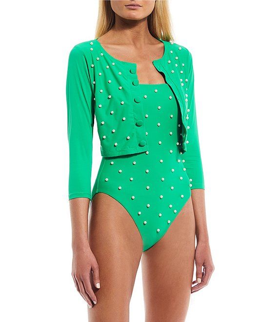 Antonio Melani x Jennifer Sumko Coordinating Solid Pearl Embellished Cropped Button Front Swim Ca... | Dillard's