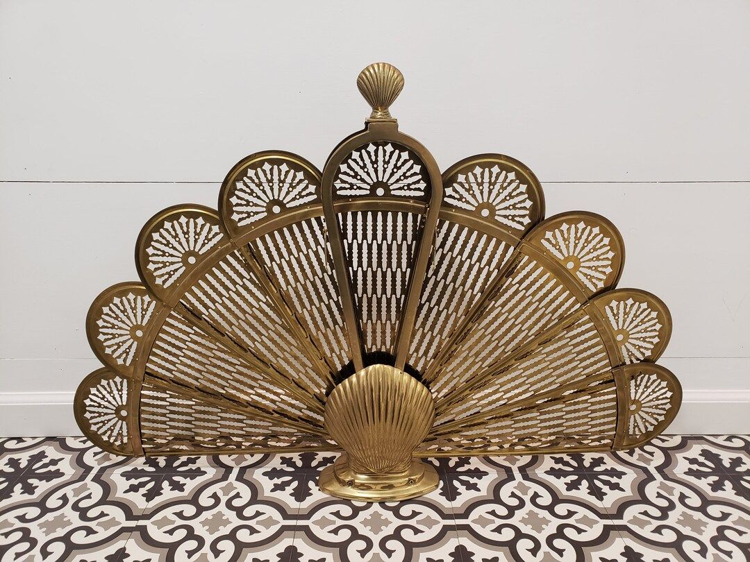 Vintage Brass Seashell Fireplace Screen - Brass Retractable Folding Peacock Fan - Hollywood Regency  | Etsy (US)