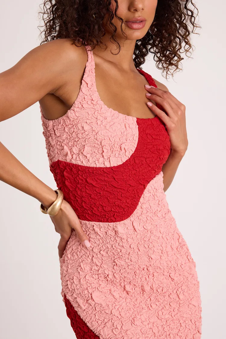 Instantly Adored Red and Pink Color Block Textured Midi Dress | Lulus
