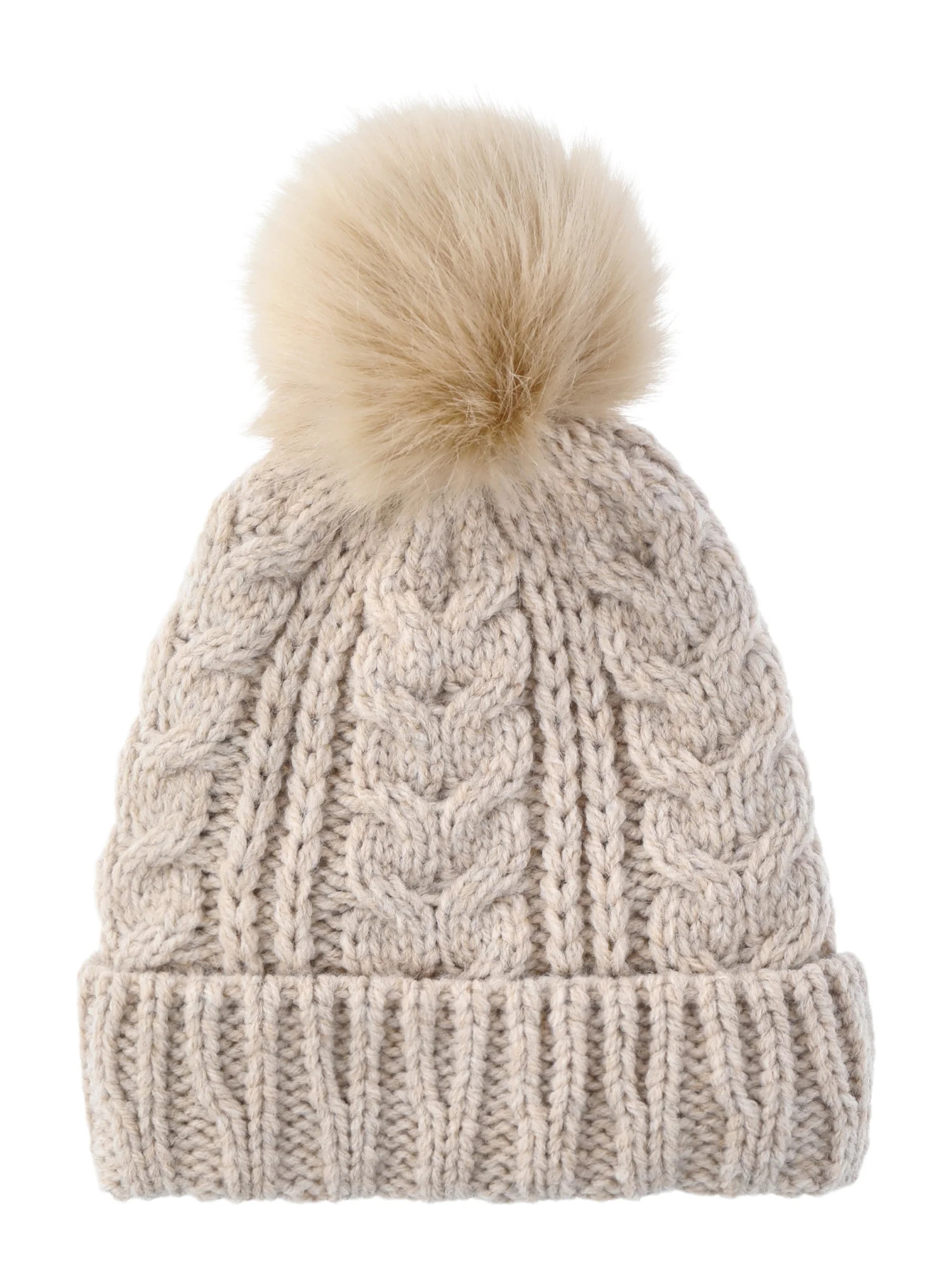 Time and Tru Women's Pom Cable Knit Winter Beanie, Oatmeal Heather | Walmart (US)