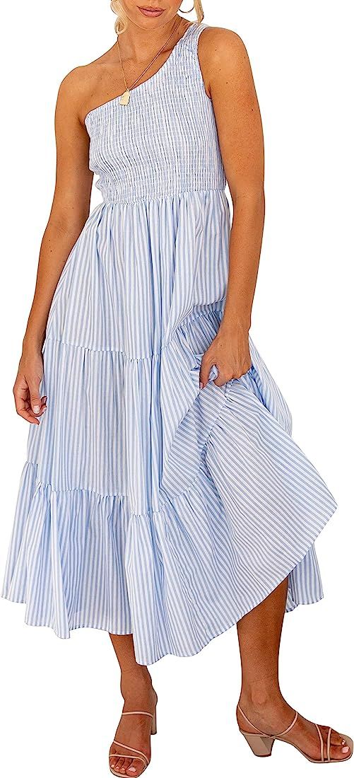 LOGENE Women's One Shoulder Sleeveless Casual Summer Dresses Smocked High Waist Boho Pleated Swin... | Amazon (CA)