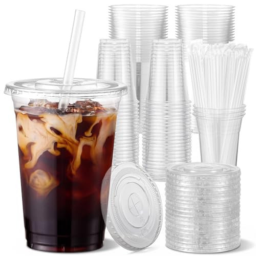 VITEVER 100 Sets - 12oz Clear Plastic Cups with Lids and Straws, Disposable Cups for Iced Coffee, Smoothie, Milkshake, Cold Drinks | Amazon (US)