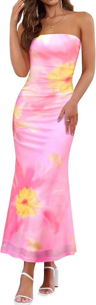 ZESICA Womens Summer Floral Strapless Maxi Dress 2026 Off Shoulder Mesh Tube Bodycon Wedding Gues... | Amazon (US)